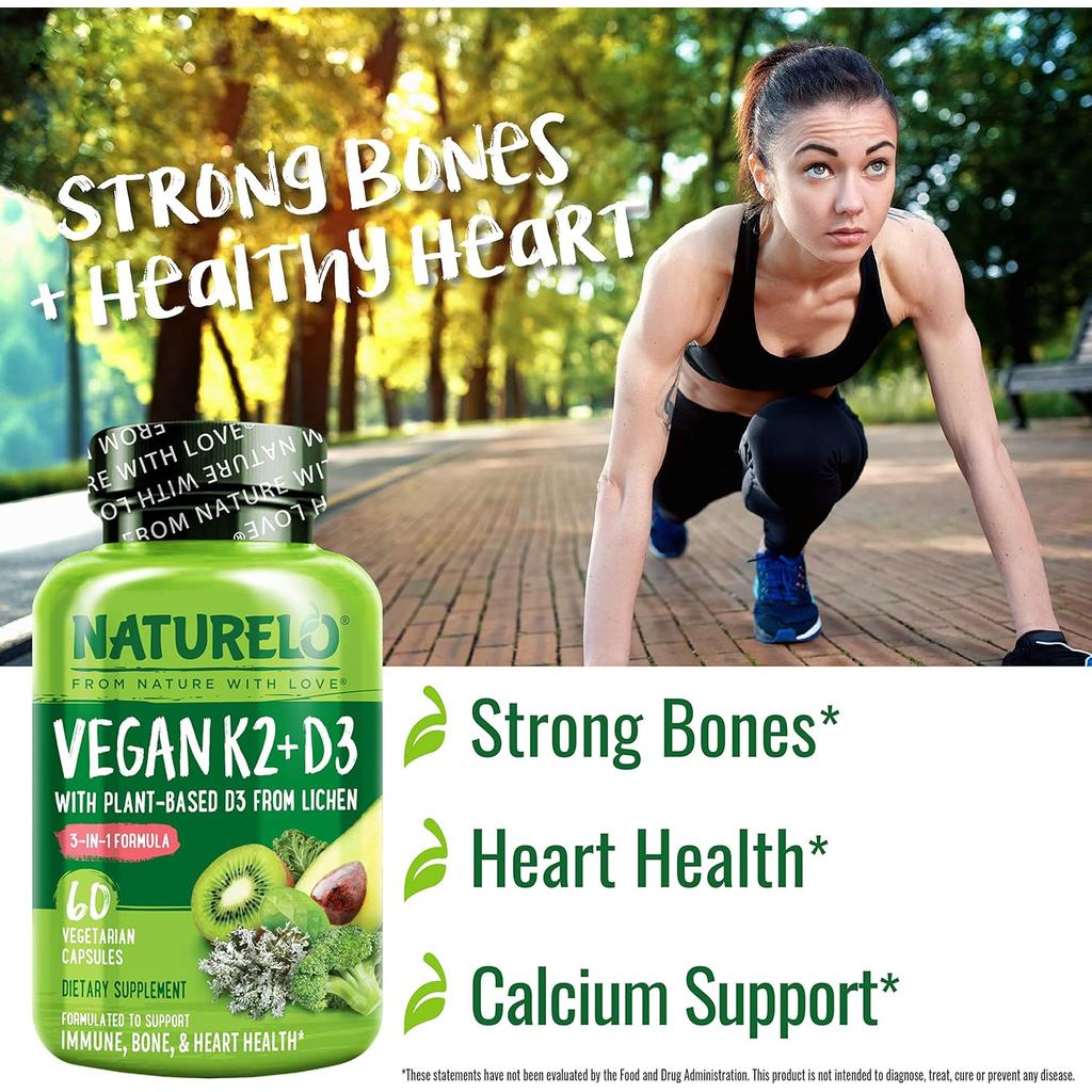 Naturelo Vegan Vitamin K2 D3 Supplements: Plant-Based Formula for Healthy Bones & Heart, Whole Food Complex with Organic Frui